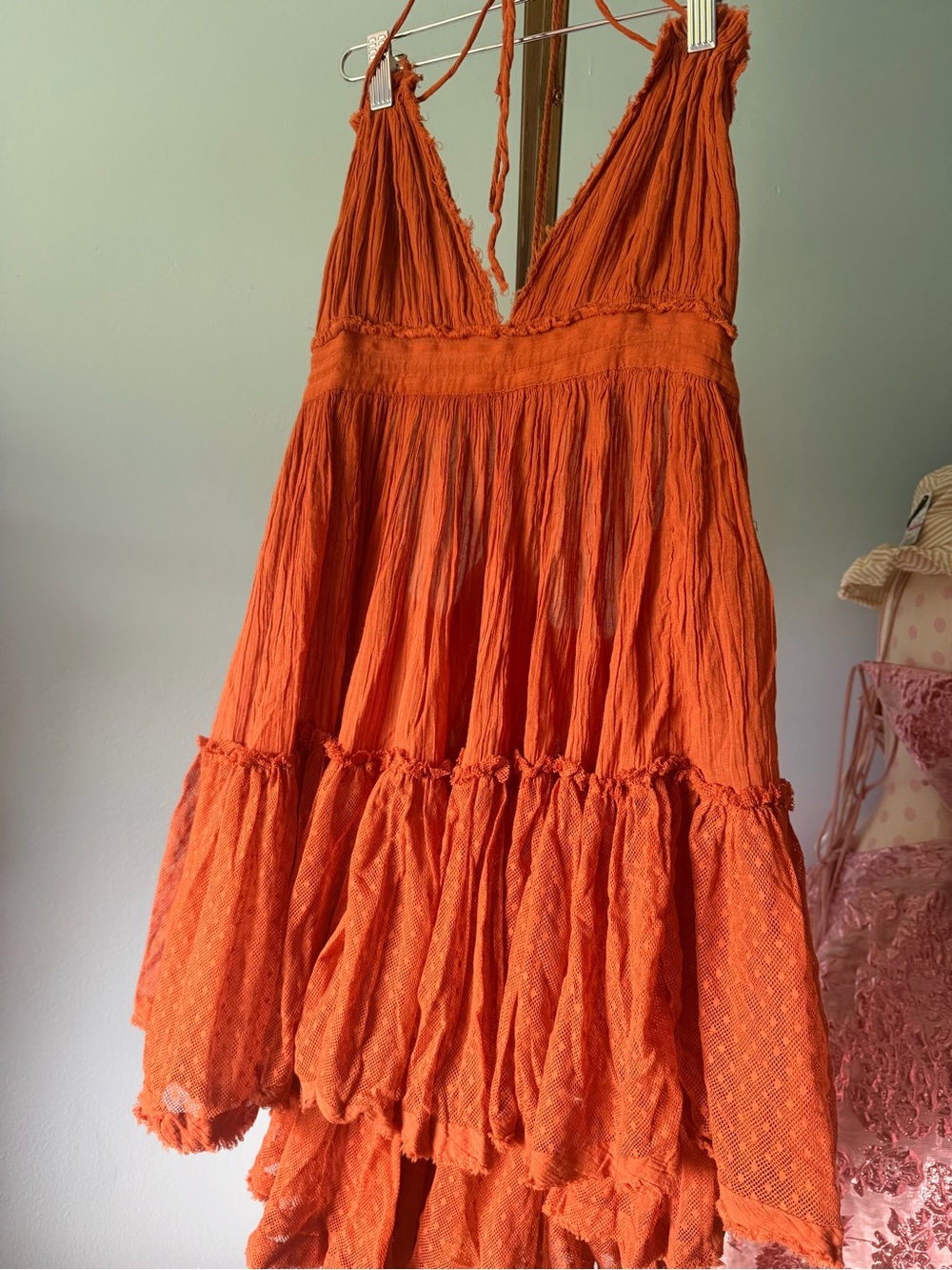 Free People Orange Crinkled V-Neck Tiered dress boho